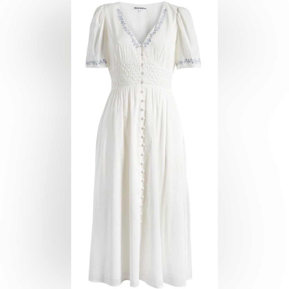 NEW REFORMATION Kamryn Embroidered Smocked Waist Organic Cotton Blend Midi Sz 8 - Picture 9 of 10